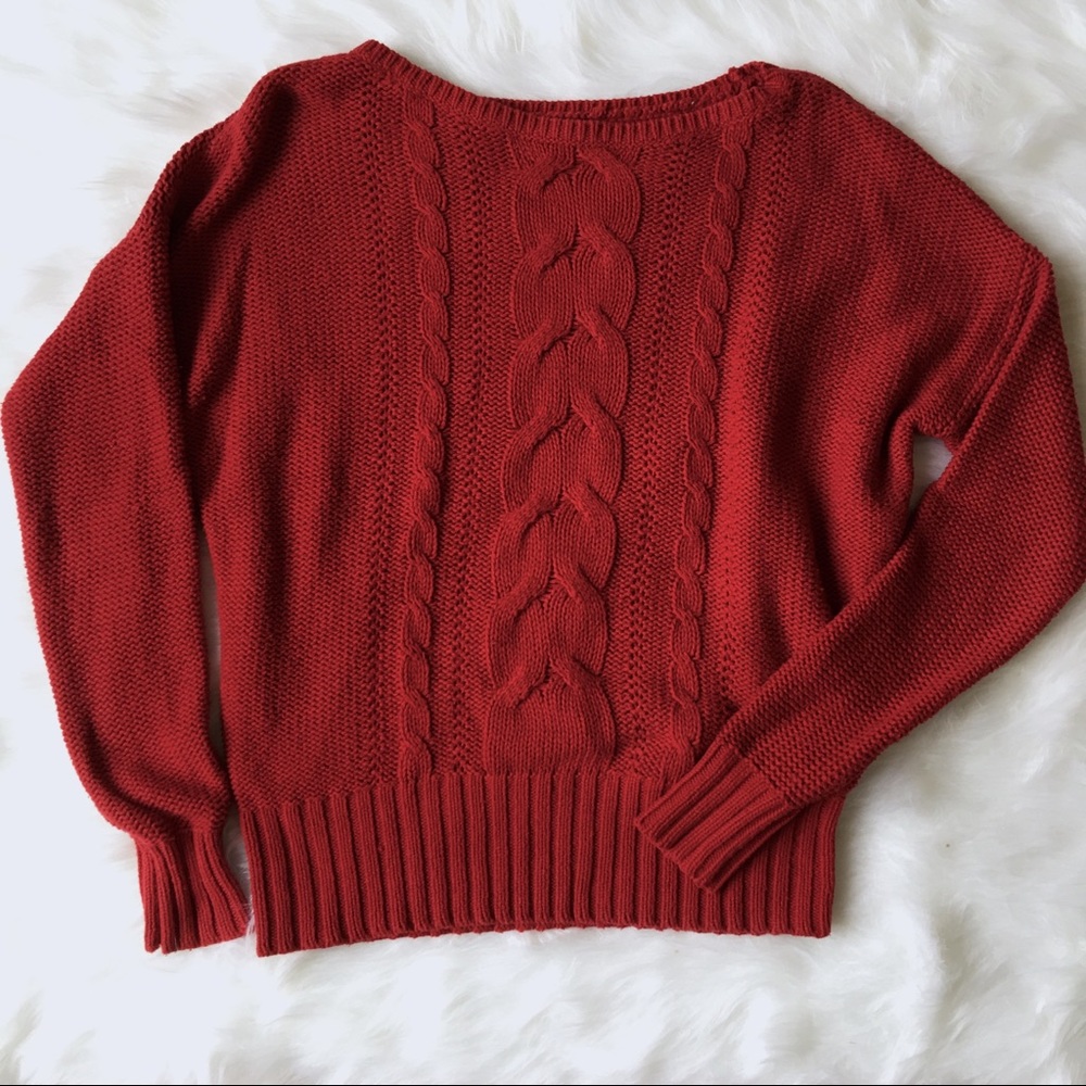 Red cable knit sweater